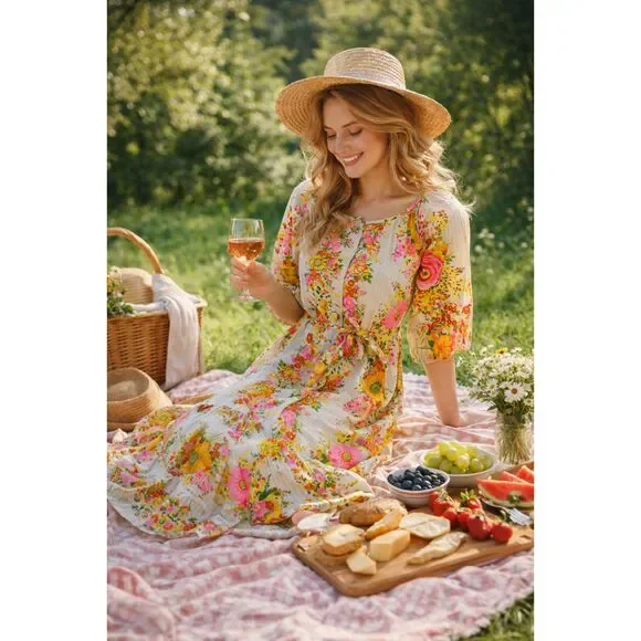 Vintage Miss Elaine Women Size S Floral Ruffle Maxi Dress 70s Retro Boho Peasant - Picture 1 of 17